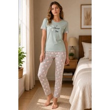 Marchè Bien Kadın Pamuklu Penye Baskılı Kısa Kollu Bisiklet Yaka Pijama Takımı - Mint