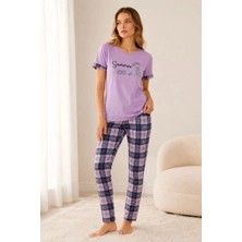 Marchè Bien Kadın Pamuklu Penye Summer Baskılı Kısa Kollu Pijama Takımı Bisiklet Yaka Ekose Desenli - Lila