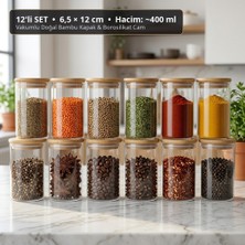 Ds Home 12'li Bambu Kapaklı Borosilikat Cam Kavanoz Seti (6.5X12 Cm) - Vakumlu Sızdırmaz Baharatlık ve Erzak Saklama Kabı