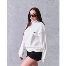 Marchè Bien Kadın Yarım Fermuarlı Üç Iplik Şardonlu Pamuklu Sweatshirt - Beyaz