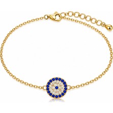 Fm 💎 Premium Parlak ve Şık Gold Minimal Nazar Kadın 925 Ayar Gümüş Bileklik (18 Cm)