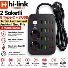 Antenci Hi-Link 2 Soketli 8xtype-C +8xusb 2 Metre Kablolu Termal Akım Korumalı Grup Priz