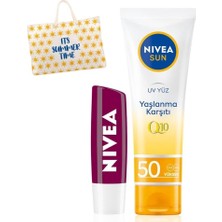 Nıvea Sun Q10 Yaşlanma Karşıtı Güneş Koruyucu Yüz Kremi 50ML ve Böğürtlen Dudak Bakım Kremi, Çanta Hediye