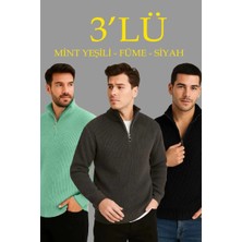 Marchè Bien Erkek Fitilli Triko Kazak 3’lü Set Mint Yeşili Siyah Füme Kalın Dokuma Pamuklu Regular Fit