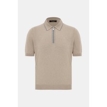 Vakko By Gran Sasso Beige Zip Polo Collar Short Sleeve Silk Knit Top