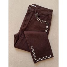 Taşlı Mom Fit Kot Pantolon Kahve - 28