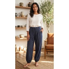 Kroşetalı Paça ve Beli Lastikli Pantolon Lacivert - Xl