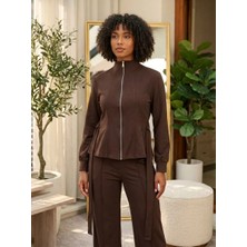 Fermuarlı Sweatshirt ve Pantolon Takımı Kahve - L