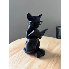 3D Baskı Gözlüklü Kitap Okuyan Kedi Figürü Masaüstü Dekoratif Kedi Heykeli Siyah