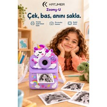 Katjmer KJ/ZM-004 Zoomy-U Unicorn Figürlü Anında Baskılı Çocuk Fotoğraf Makinesi, Çift Kamera, 2,4 Inç Ekran, 1080P Video, 3+ Yaş