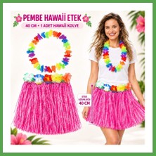 Bezos Hawaii Luau Aloha Pembe Püsküllü 40 cm Etek ve Hawaii Kolye Seti Mgc