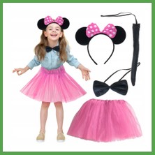 Bezos Minnie Kostüm Seti (Pembe Tütü Etek + Pembe Taç + Papyon + Kuyruk) Mgc