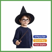 Bezos Harry Potter Tarzı Çocuk Seti (Siyah Keçe Şapka, Asa, Gözlük) Mgc