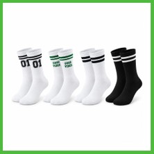 Bezos Unisex Çorap Çizgili 4'lü Set 07 Good Vibes Yazılı Siyah Beyaz Uzun Soket Spor Kolej Stil Rahat Şık Arz