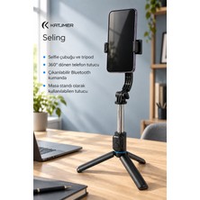 Katjmer C01 Seling Bluetooth Kumandalı Tripod Selfie Çubuğu 107,5 Cm, 7 Bölümlü, Çıkarılabilir Tutucu, CR2032 - Siyah