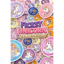 Ficksy Unicorn Tek Boynuzlu At Sticker Seti - 24 Adet Yuvarlak Etiket Çıkartma