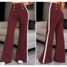 Defy Moda Kadın Yüksel Bel Düğmeli Yandan Şerit Detaylı Paçaya Doğru Genişleyen Ithal Krep Pantolon