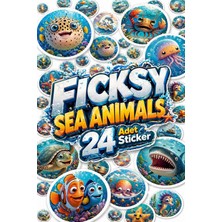 Ficksy Sevimli Deniz Canlıları Sticker Seti - 24 Adet Balık, Yengeç, Ahtapot Yuvarlak Etiket Çıkartma