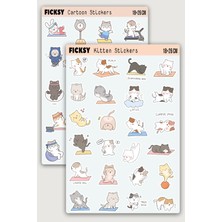 Ficksy Kawaii Stili Sevimli Yavru Kedi Yoga Fitness Temalı Sticker Seti - 44 Adet Etiket Çıkartma