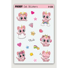 Ficksy Sevimli Unicorn Pembe Yavru Kedi Sticker Seti - 16 Adet Etiket Çıkartma | Kalp, Yıldız ve Gökkuşağı