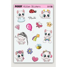 Ficksy Sevimli Unicorn Beyaz Yavru Kedi Sticker Seti - 16 Adet Etiket Çıkartma
