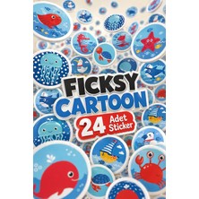 Ficksy Sevimli Deniz Canlıları Sticker Seti - 24 Adet Yuvarlak Balık, Yengeç, Ahtapot Etiket Çıkartma