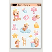 Ficksy Sevimli Ayıcık Teddy Bear Sticker Seti - 12 Adet Etiket Çıkartma