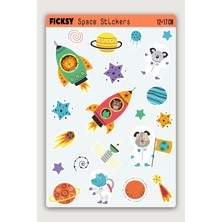 Ficksy Sevimli Kozmik Hayvanlar Sticker Seti - 21 Adet Uzay, Gezegen, Astronot, Yıldız Etiket Çıkartma