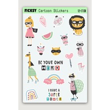Ficksy Sevimli Süper Kız ve Arkadaşları Sticker Seti - 17 Adet Etiket Çıkartma