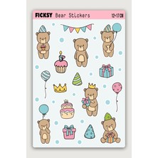 Ficksy Sevimli Ayıcık Teddy Bear Doğum Günü Temalı Sticker Seti - 16 Adet Etiket Çıkartma