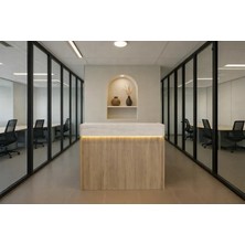 Vivense Wilko LED Işıklı Karşılama Bankosu Ofis Kasa Resepsiyon Masası, Sepet Traverten, 110 Cm, Çekmec