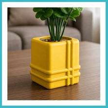 Defne Store 3D Baskı Square Planter - Izgara Desenli Küp Saksı-Sarı Dfnbez