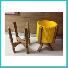 Defne Store 3D Baskı Ayaklı Çizgili Saksı - Bej Standlı Dekoratif Saksı - Sarı Dfnbez