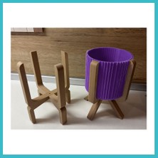 Defne Store 3D Baskı Ayaklı Çizgili Saksı - Bej Standlı Dekoratif Saksı - Mor Dfnbez