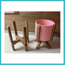 Defne Store 3D Baskı Ayaklı Çizgili Saksı - Bej Standlı Dekoratif Saksı - Pembe Dfnbez