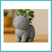 Defne Store 3D Baskı Sevimli Kedi Saksı - Figürlü Sukulent Saksısı-Gri Dfnbez