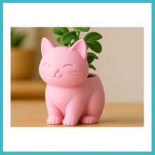 Defne Store 3D Baskı Sevimli Kedi Saksı - Figürlü Sukulent Saksısı-Pembe Dfnbez