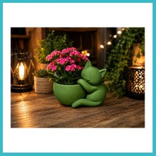 Defne Store 3D Baskı Sarılan Kedi Saksı - Sevimli Dekoratif Saksı - Yeşil Dfnbez