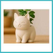 Defne Store 3D Baskı Sevimli Kedi Saksı - Figürlü Sukulent Saksısı-Bej Dfnbez