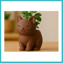 Defne Store 3D Baskı Sevimli Kedi Saksı - Figürlü Sukulent Saksısı-Kahverengi Dfnbez