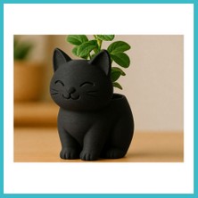 Defne Store 3D Baskı Sevimli Kedi Saksı - Figürlü Sukulent Saksısı-Siyah Dfnbez