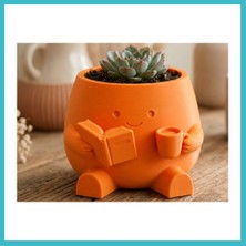 Defne Store 3D Baskı Kitap Okuyan Saksı - Kupa Tutan Sevimli Saksı-Turuncu Dfnbez