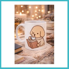 Defne Store Kitap Okuyan Sevimli Köpek Tasarımlı Porselen Kupa Model 190 – Kahve Temalı Tatlı Köpek Kahve Kupası – Köpek Severlere Hediye Kupa Dfnbez