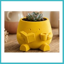 Defne Store 3D Baskı Kitap Okuyan Saksı - Kupa Tutan Sevimli Saksı-Sarı Dfnbez