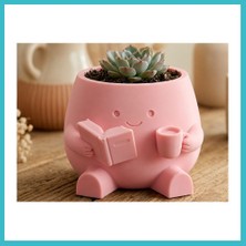 Defne Store 3D Baskı Kitap Okuyan Saksı - Kupa Tutan Sevimli Saksı-Pembe Dfnbez