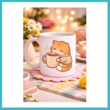 Defne Store Sevimli Kedi Tasarımlı Porselen Kupa Model 188 – Kahve Içen Tatlı Kedi Figürlü Kahve Kupası – Kedi Severlere Hediye Kupa Bardak Dfnbez