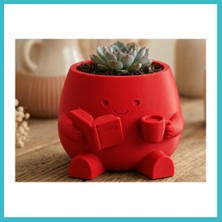 Defne Store 3D Baskı Kitap Okuyan Saksı - Kupa Tutan Sevimli Saksı-Kırmızı Dfnbez