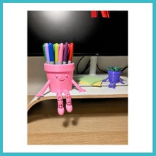 Defne Store 3D Baskı Hareketli Gülen Kalemlik - Eklemli Masaüstü Organizer - Pembe Dfnbez
