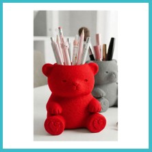 Defne Store 3D Baskı Sevimli Ayıcık Kalemlik - Masaüstü Organizer - Kırmızı Dfnbez