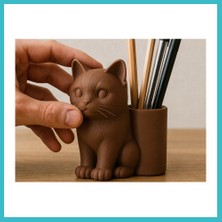 Defne Store 3D Baskı Kedi Figürlü Kalemlik - Masaüstü Organizer - Kahverengi Dfnbez